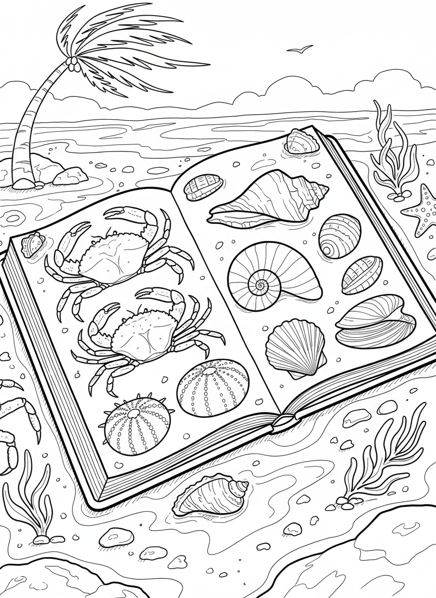 An open waterproof field guide with illustrated pages of crabs, sea urchins, and mollusks, with wet sand and shells on the corners.
