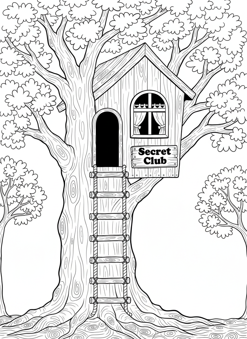 A cozy treehouse nestled in a large oak tree with a rope ladder hanging down, a small window with curtains, and a wooden sign that says 'Secret Club'.