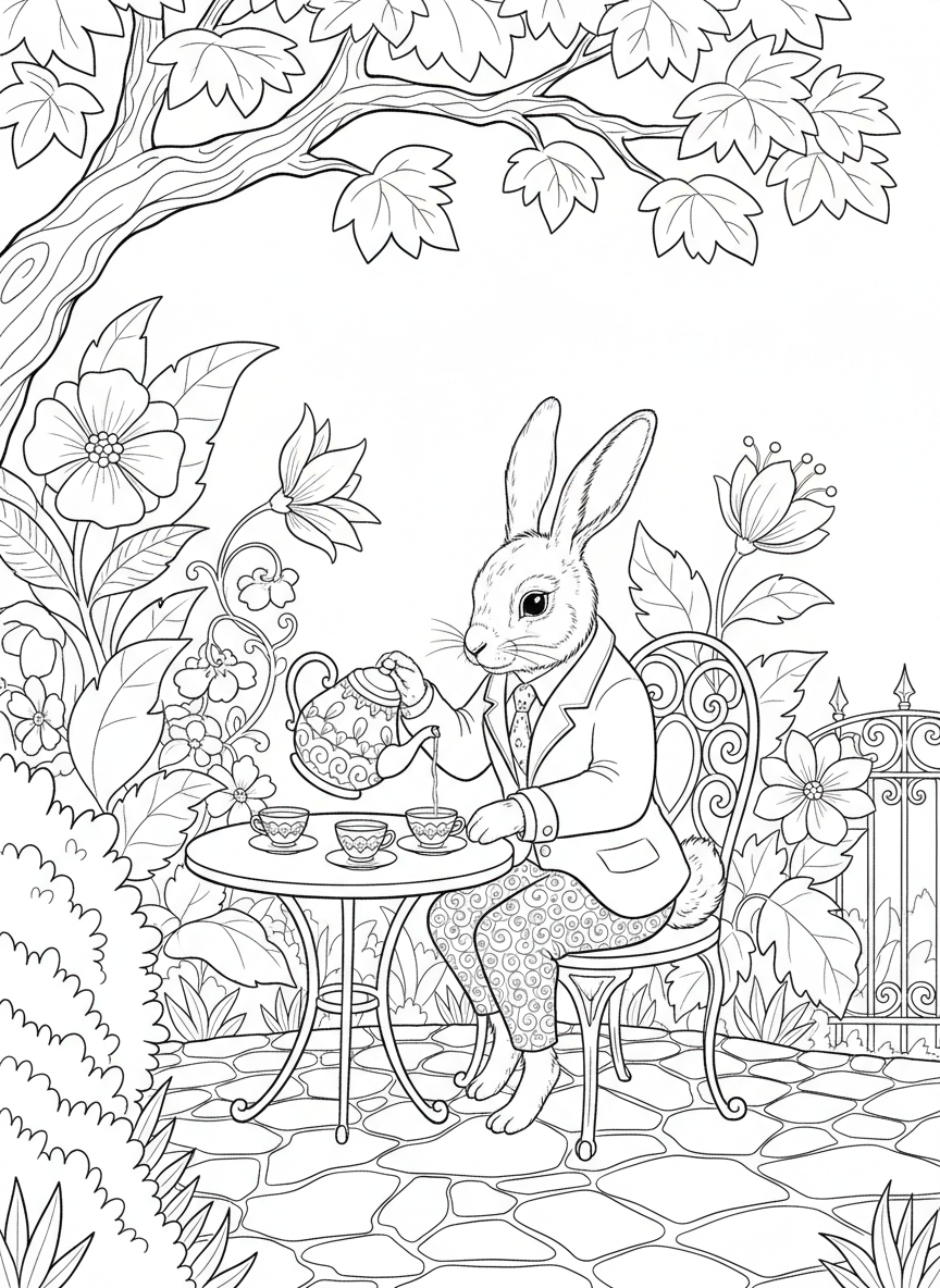 A bunny rabbit pouring tea from an ornate teapot into delicate cups while sitting in a garden chair, whimsical scene