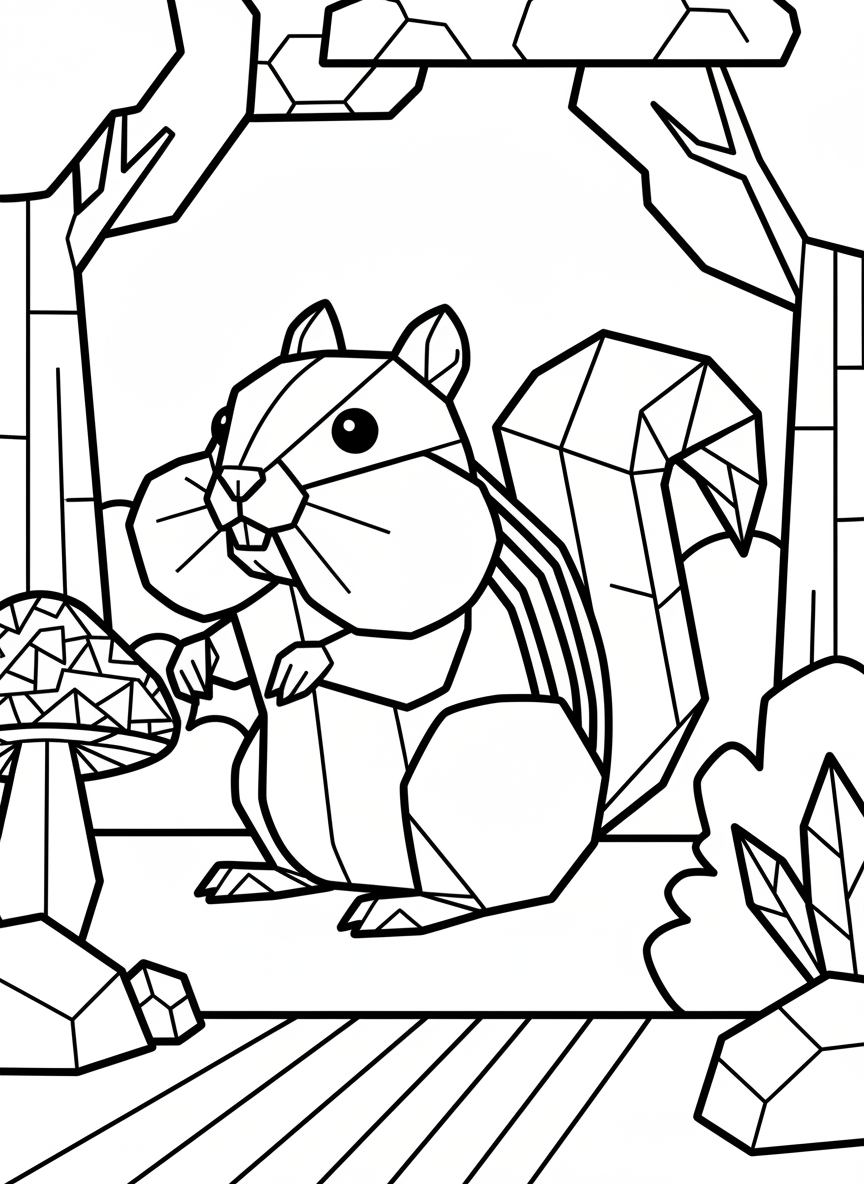 An origami chipmunk with cheek pouches, striped back pattern made of geometric lines, and fluffy folded tail in upright sitting position.