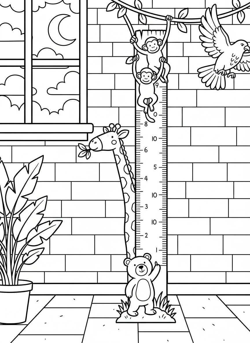 A playful growth chart ruler mounted on a wall with cute animal illustrations marking different heights