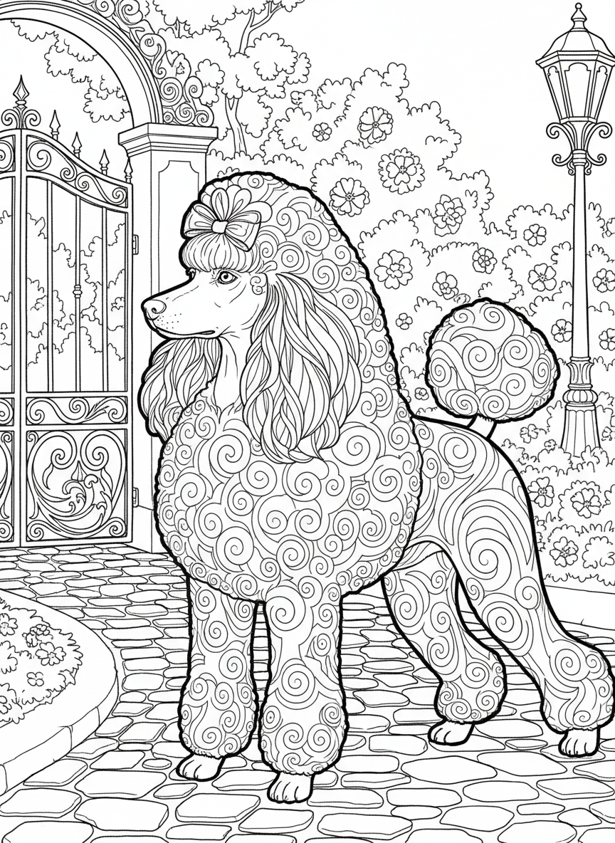 A poodle with a fancy groomed coat standing proudly, showing curly fur texture through line art patterns.