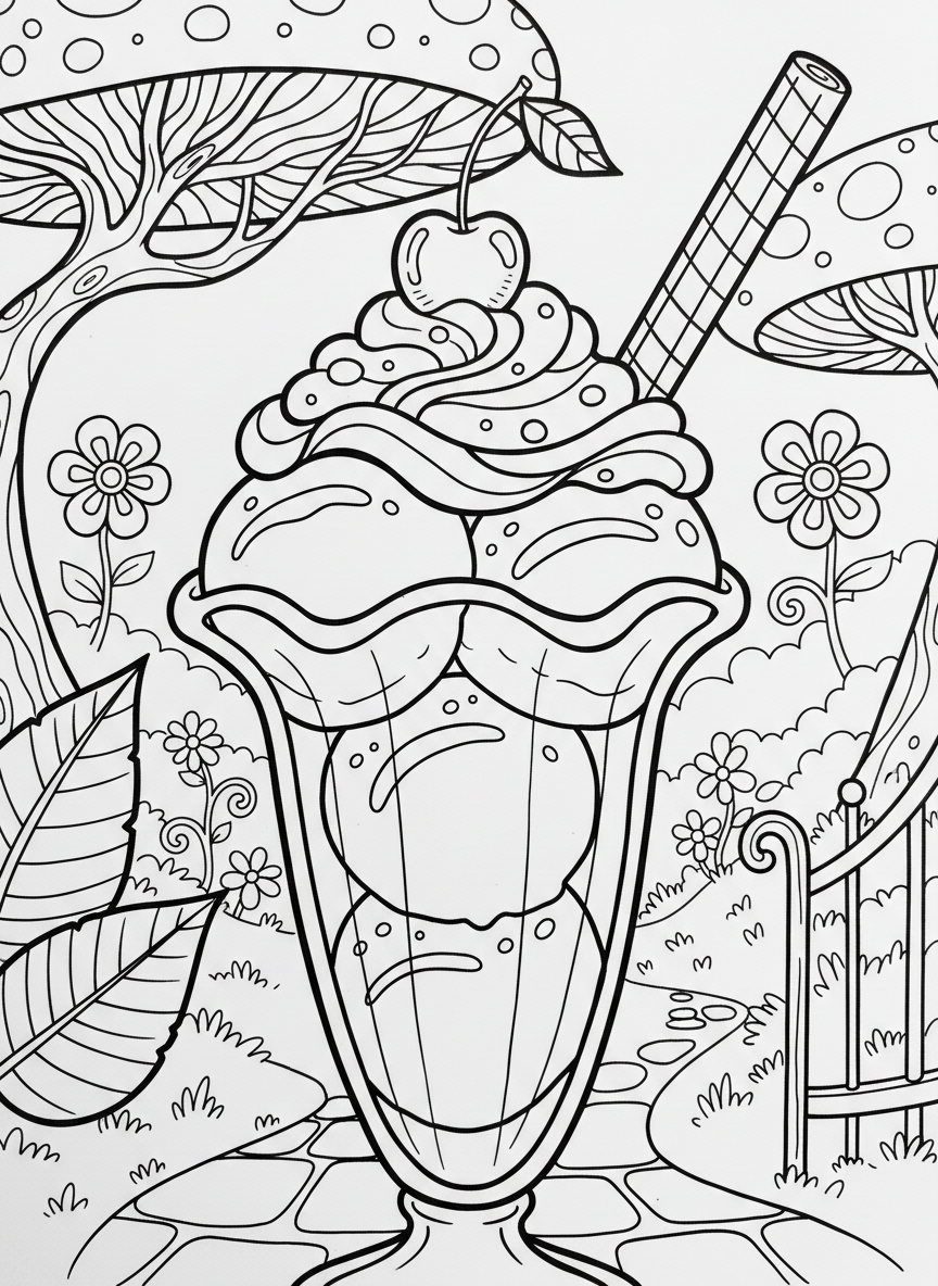 A whimsical ice cream sundae in a tall glass with multiple scoops, whipped cream, a wafer stick, and a cherry on top.