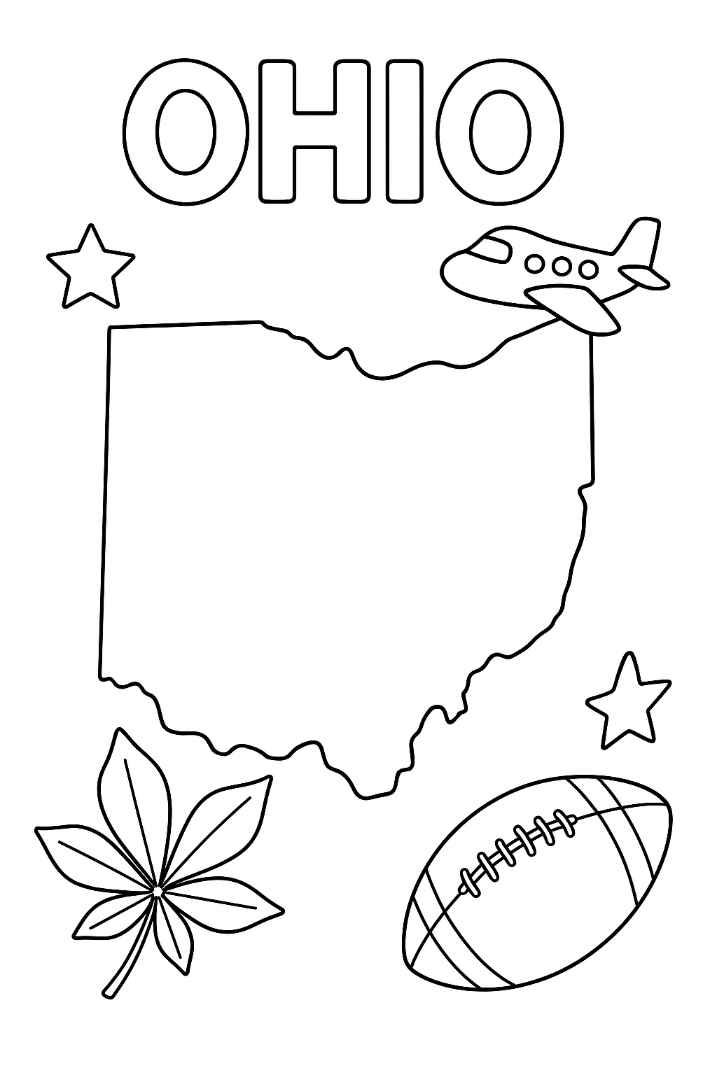 Write “Ohio” once at the top in outlined letters. Create a large, centered outline of the state. Add one buckeye leaf, one football, one plane, and one star in corners.