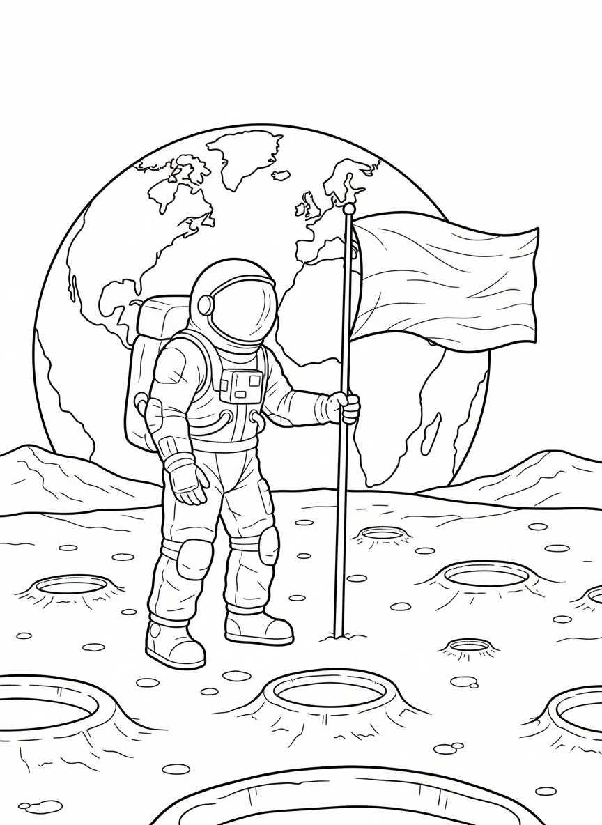 An astronaut planting a flag on the moon surface with craters and Earth visible in the background, medium detail coloring page