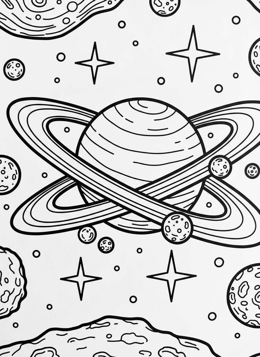 Saturn with its beautiful rings in the center, surrounded by smaller moons and twinkling stars, simple planetary scene