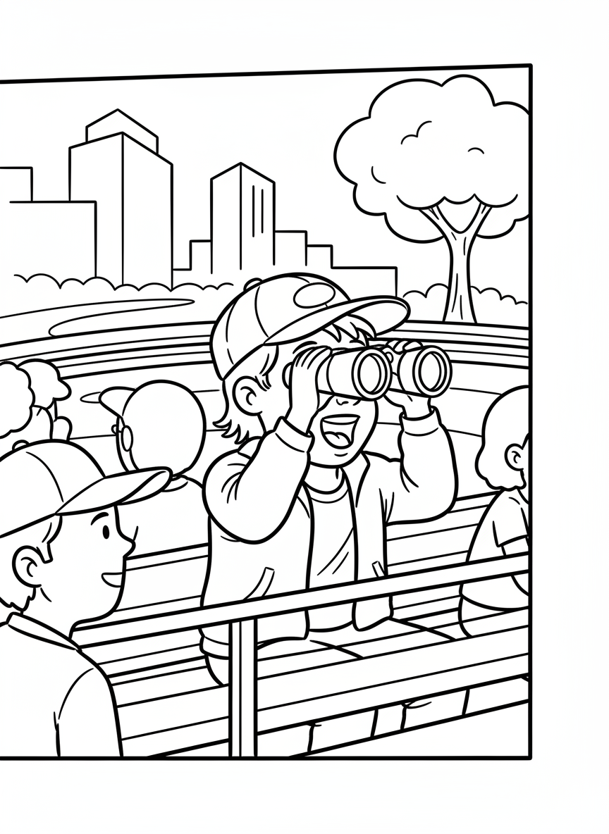 A young race fan wearing a racing cap and holding binoculars, watching excitedly from the grandstands with other spectators around.