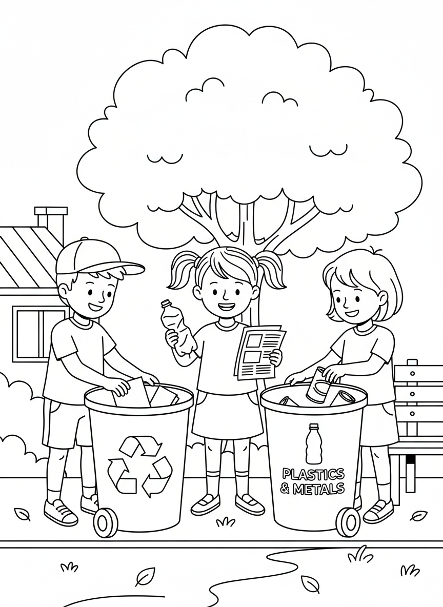 Three kids sorting recycling together, holding paper and plastic items, recycling bins with clear symbols visible