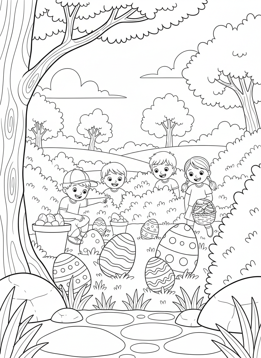 Easter Egg Hunt coloring page prompts featuring playful outdoor searches, colorful eggs, and joyful springtime fun.	Kids crouching carefully behind trees and planters, eyes scanning for bright colors.