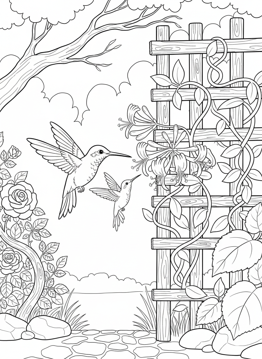 A hummingbird mother teaching her young to feed from honeysuckle vines climbing up a garden trellis