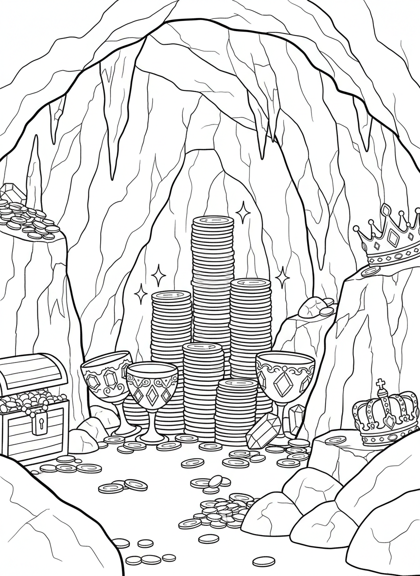A pirate's treasure room inside a cave with stacks of gold coins, jeweled crowns, goblets, and glowing gems on rocky shelves