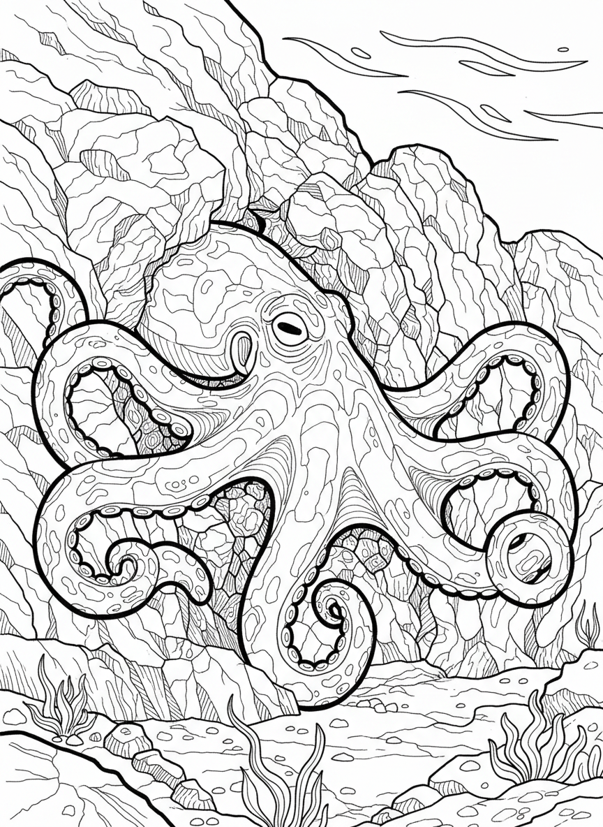 An octopus camouflaged against textured rocks with its skin matching the bumpy surface, challenging detail level