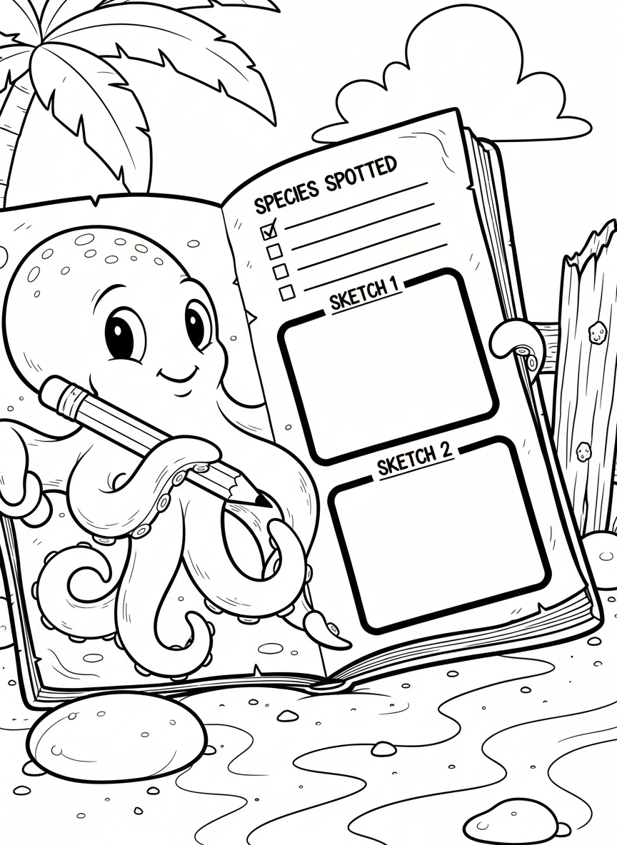 A field journal page with a playful octopus holding a pencil, blank spaces for sketches, and a 'Species Spotted' checklist