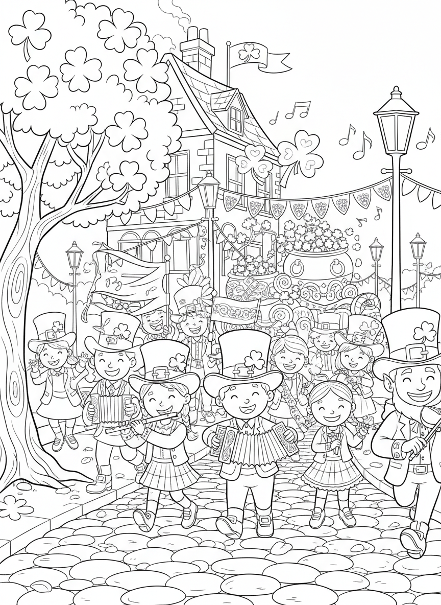 Saint Patricks Day coloring page prompts celebrating Irish-inspired traditions, green decorations, music, and festive community energy.	A lively Saint Patrick’s Day street scene filled with green decorations, shamrocks, and smiling crowds as music drifts through the air and celebration fills every corner.