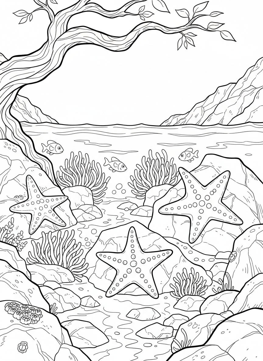 A wide tide pool scene with starfish clinging to rocks, sea anemones waving, and small fish swimming between the stones.