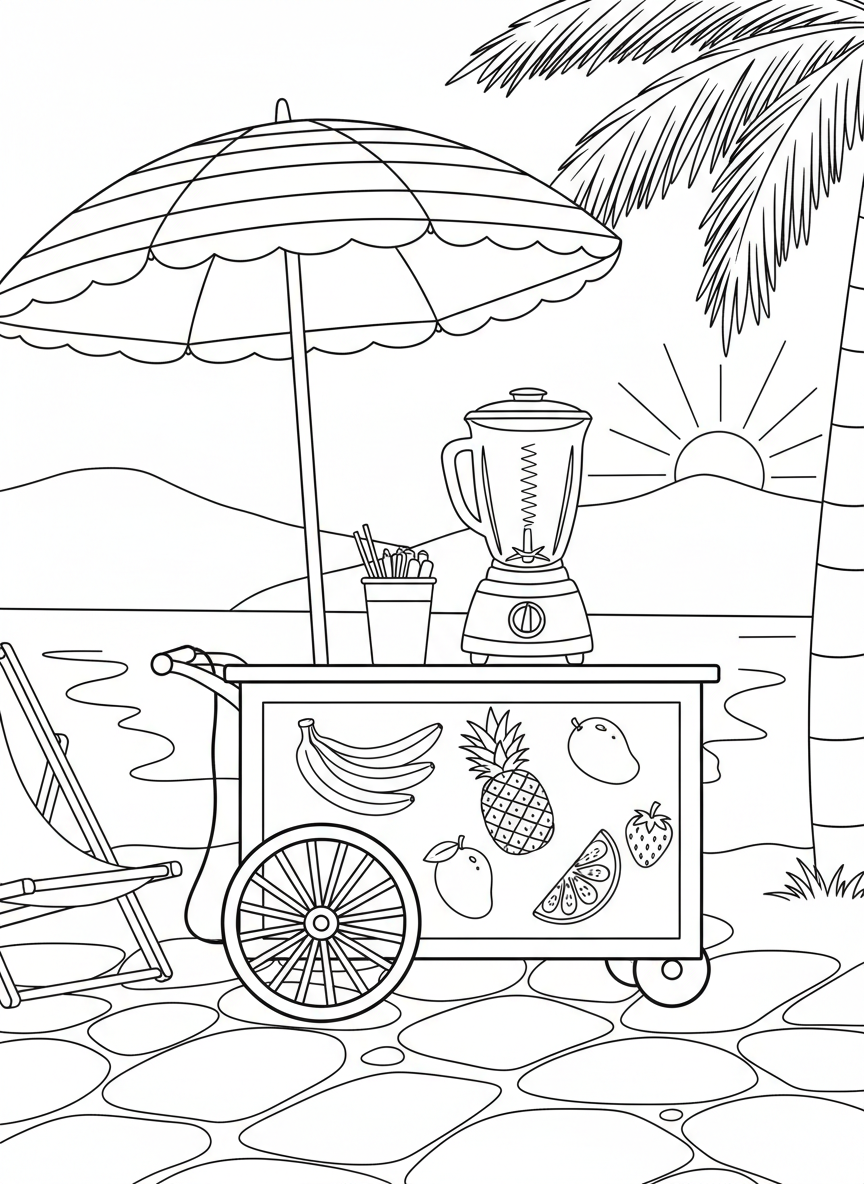 A fruit smoothie cart with blender visible, fresh fruit illustrations on the sides, and tropical umbrella on top