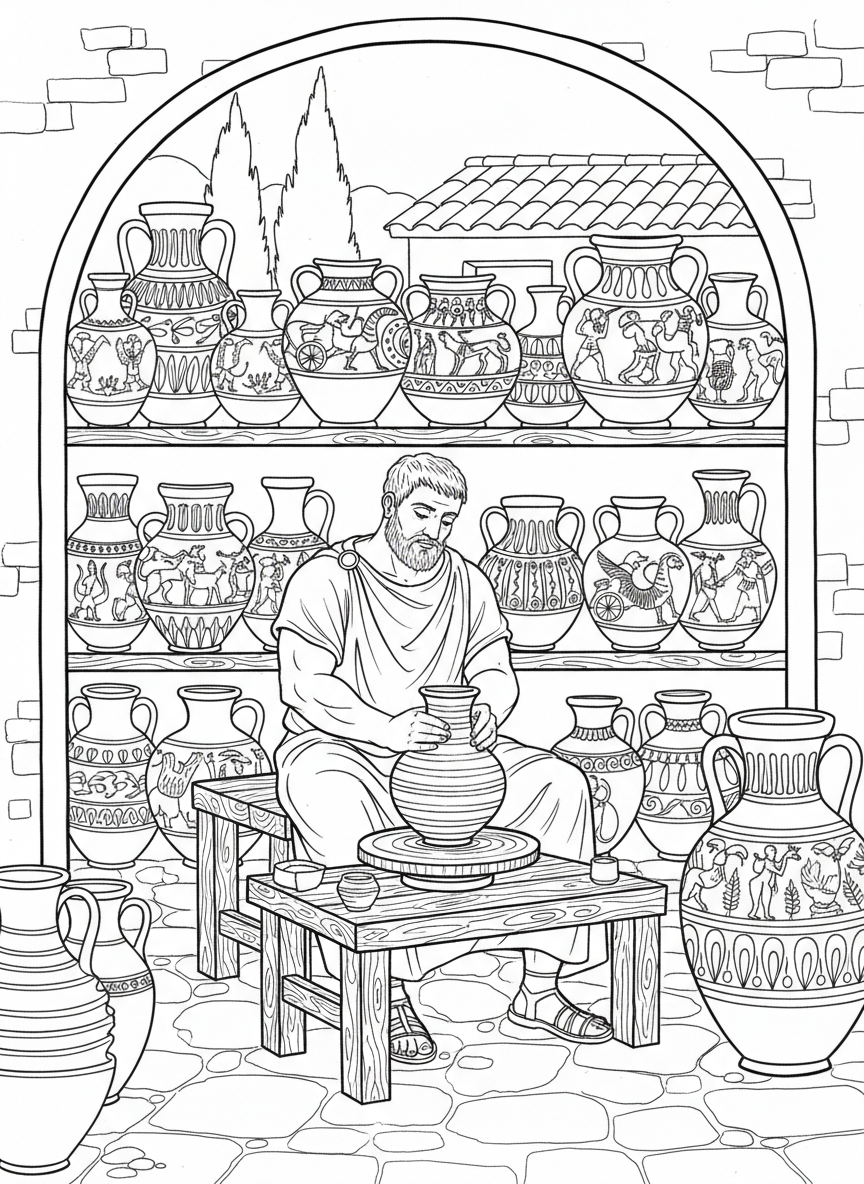 A Greek pottery workshop showing large decorated vases and amphorae on shelves, with a potter working at a wheel.