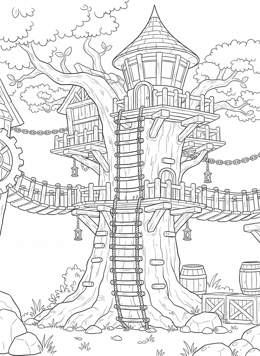 An elaborate treehouse with a spiral rope ladder, climbing pegs on the tree trunk, and a lookout tower on top.