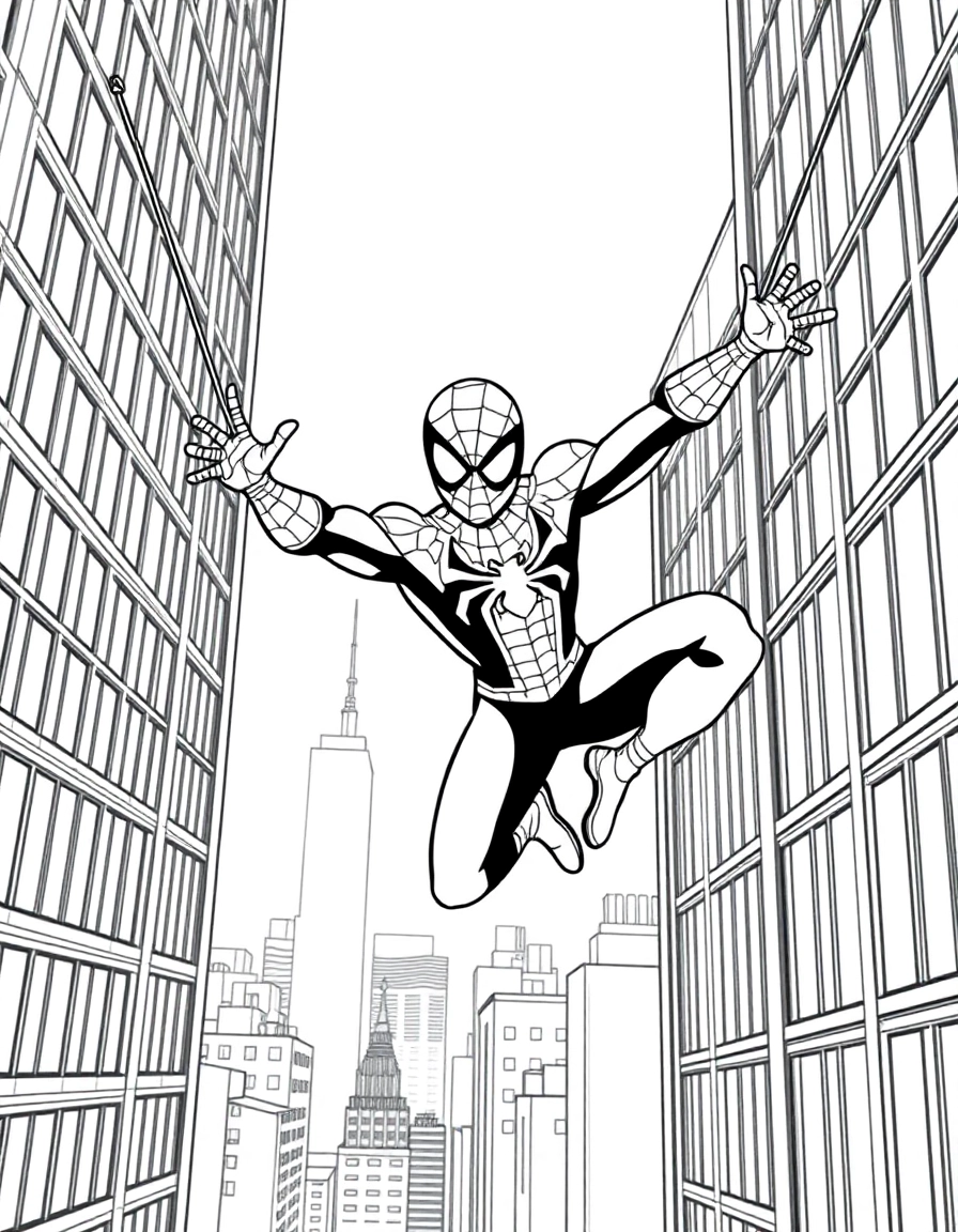 Spider-Man swinging lightly between skyscrapers, the urban skyline bathed in warm morning light