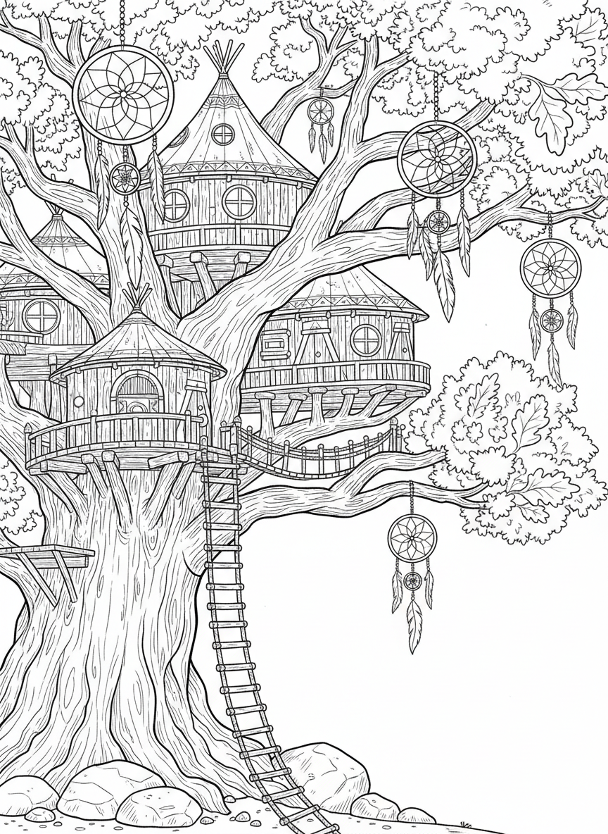 A Native American inspired treehouse with dreamcatchers hanging from branches, a rope ladder, and natural wood construction in an oak tree.