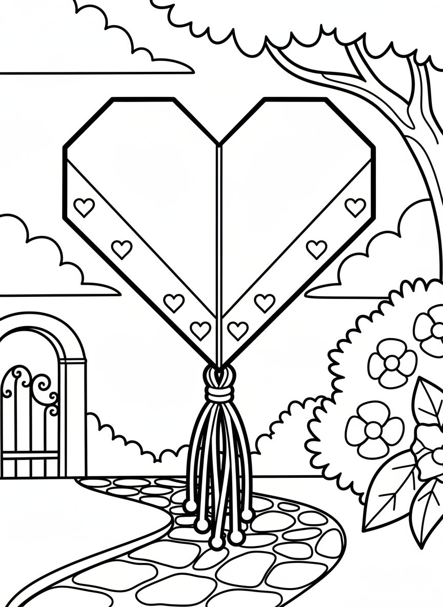 An origami heart bookmark with a decorative tassel at the bottom and small heart cutouts along the edges.
