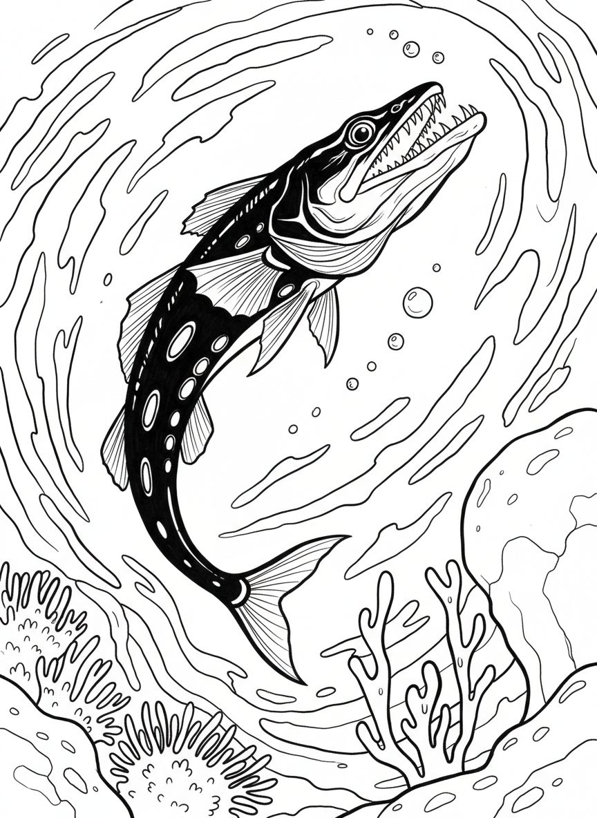 A viperfish with its long fangs and bioluminescent photophores along its dark body, swimming upward through the water with mouth slightly open in a non-threatening way.