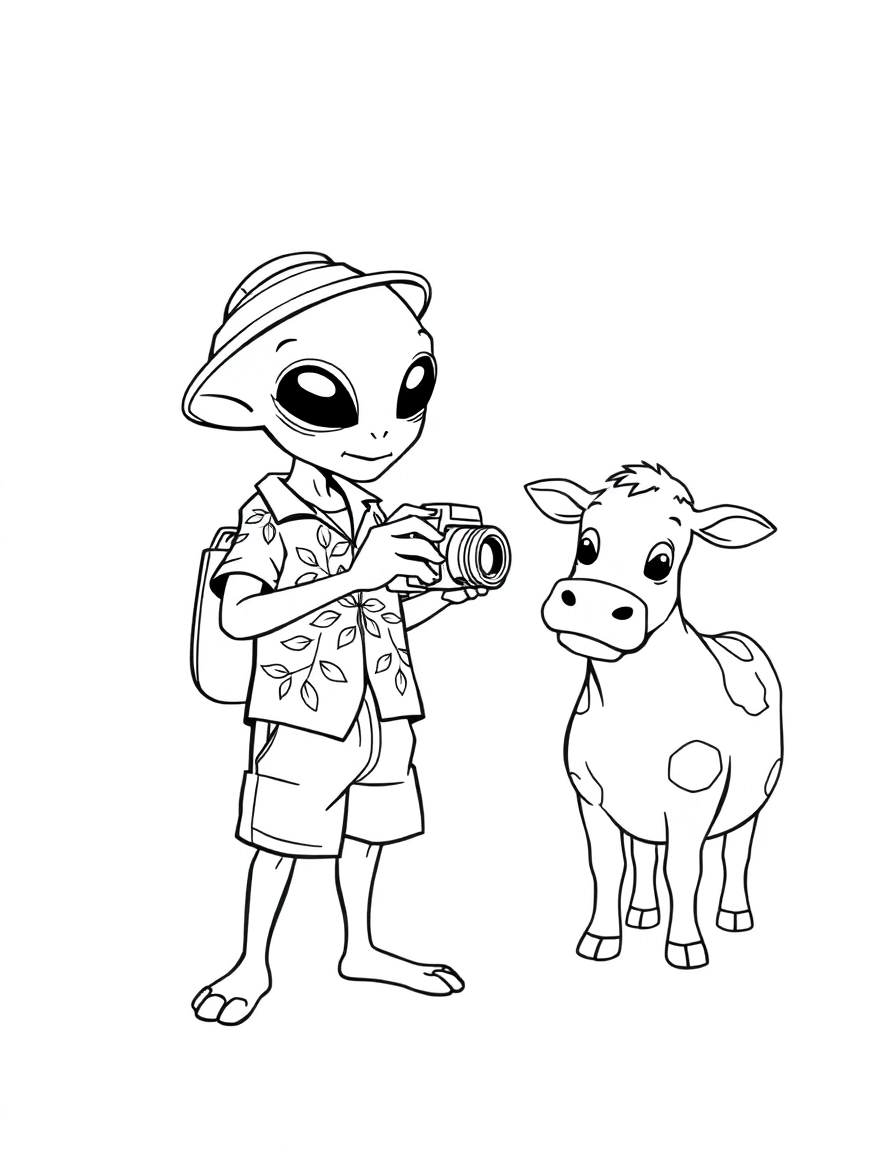 The Tourist: An alien wearing a Hawaiian shirt, cargo shorts, and holding a camera, taking a picture of a confused-looking Earth cow.