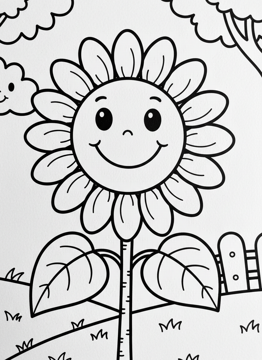 A large sunflower with a smiling face in the center, surrounded by broad petals and large leaves, simple line art for young children.