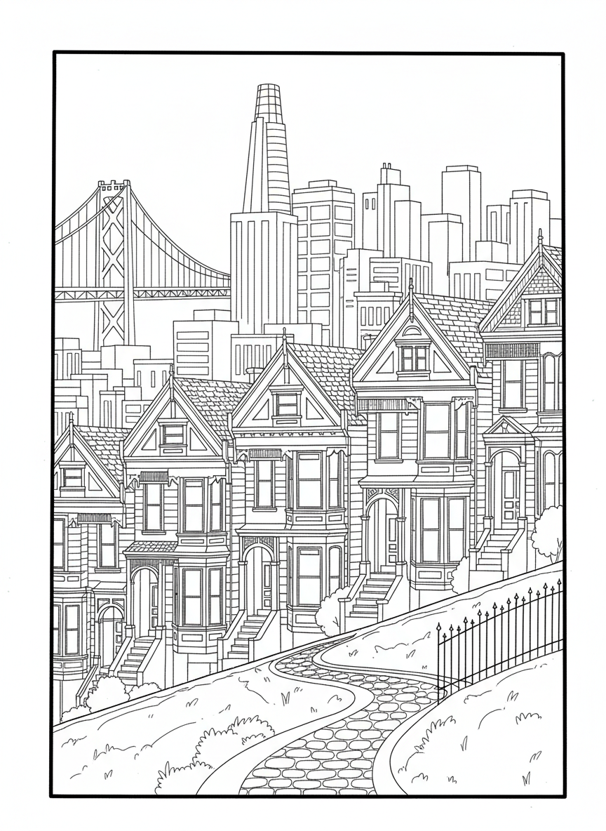 A row of colorful Victorian painted ladies houses on a hillside with the city skyline behind them, clear line art composition.