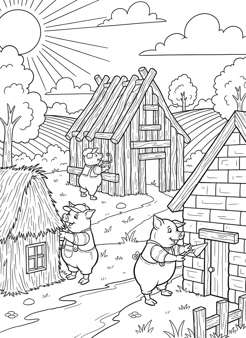 Three little pigs building houses of straw, sticks, and bricks in a countryside setting, simple coloring page design