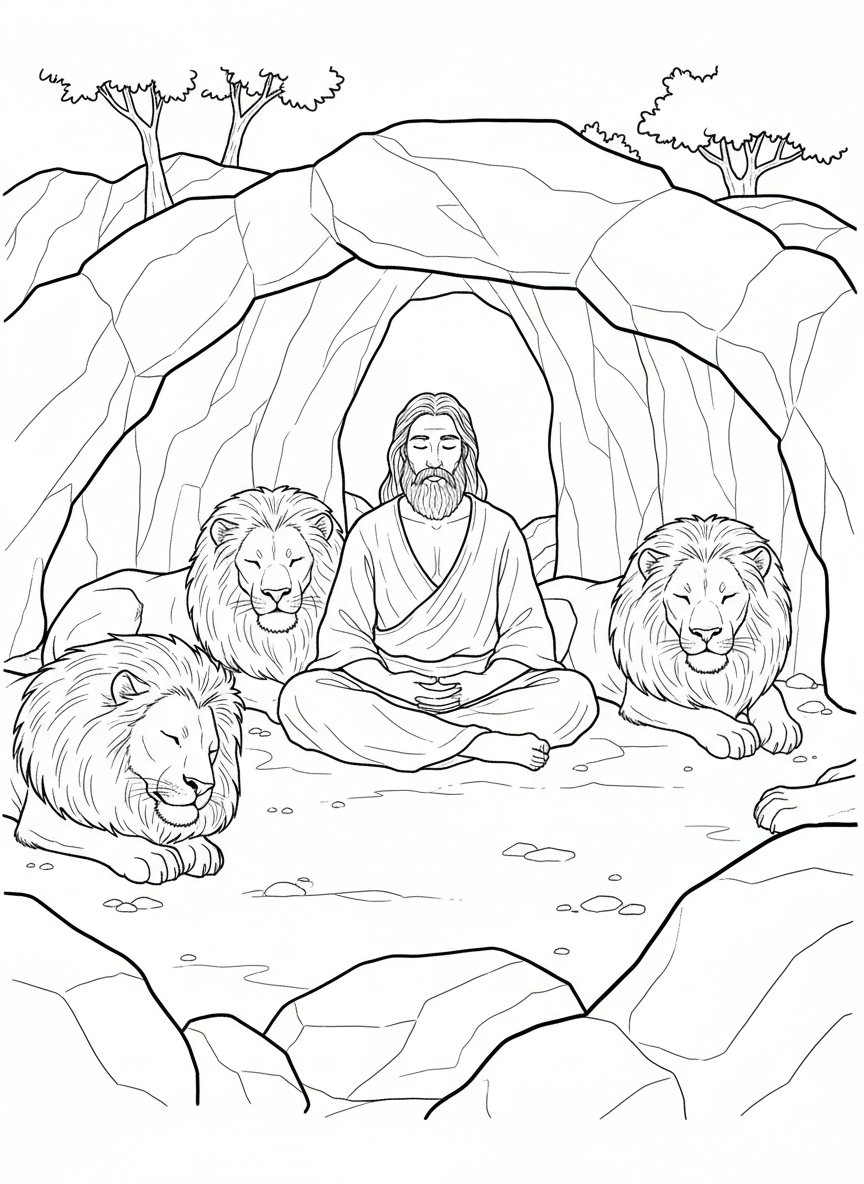 Daniel sitting peacefully in the lions' den with several calm lions around him
