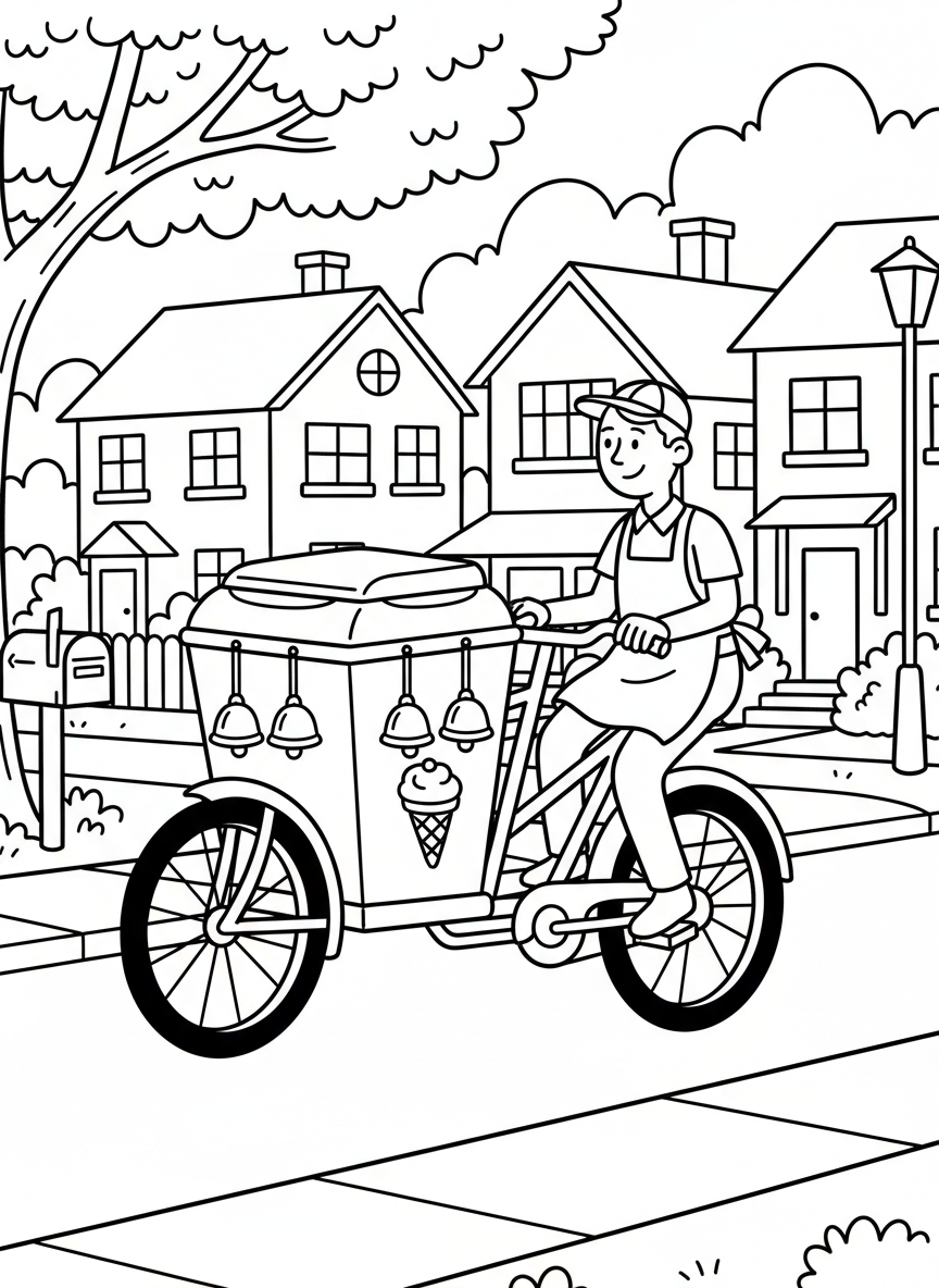 An ice cream bicycle cart with bells and a cooler box, riding through a neighborhood street with houses in background
