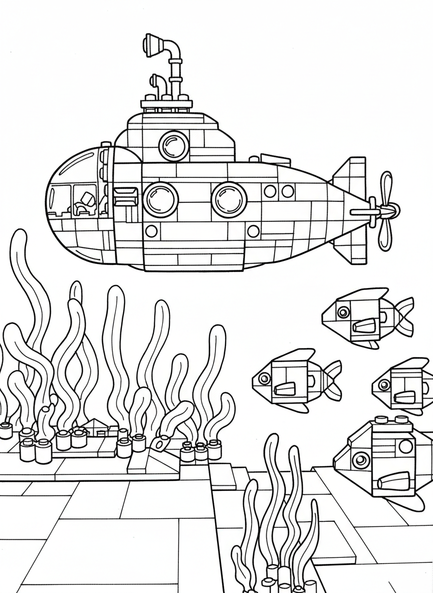 A toy brick underwater scene with a submarine, fish made of bricks, and seaweed growing from the ocean floor.