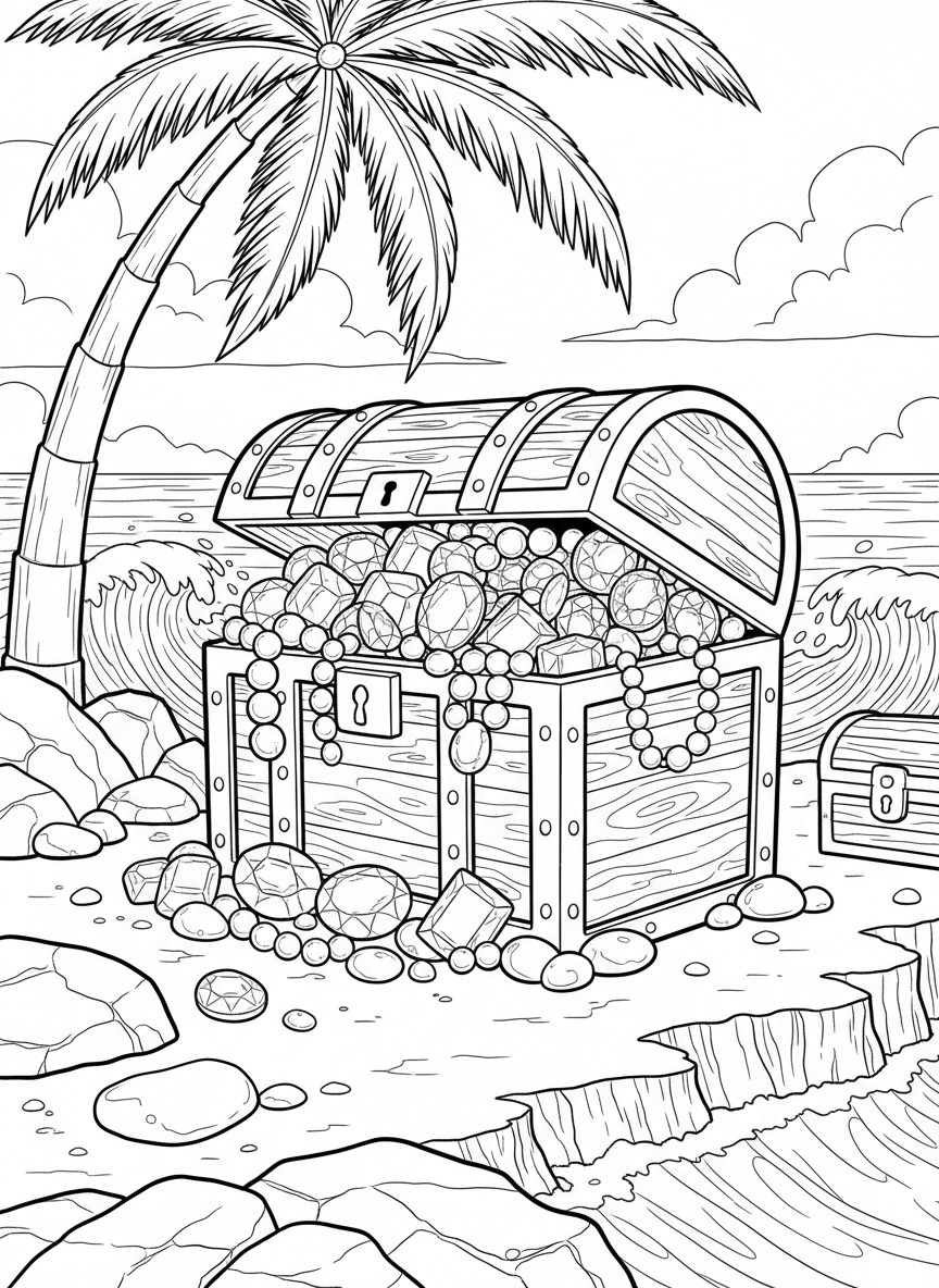 A treasure chest overflowing with various gemstones including round pearls, oval rubies, and square emeralds, simple outlines for easy coloring.