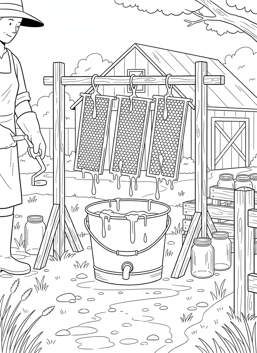 A rustic honey extraction scene with honeycomb frames and a collection bucket, simple farm setting.