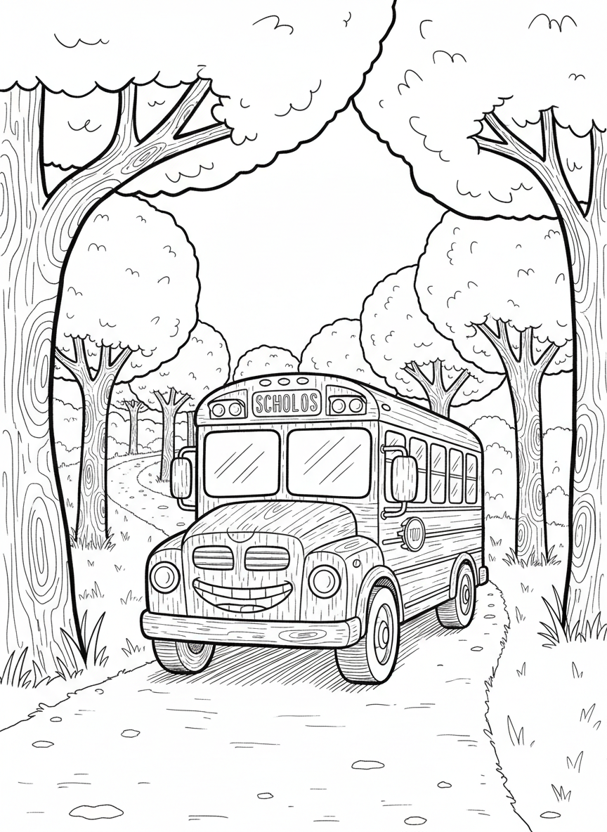 A rustic wooden toy school bus with smiling windows, driving down a country road with trees, folk art inspired outline