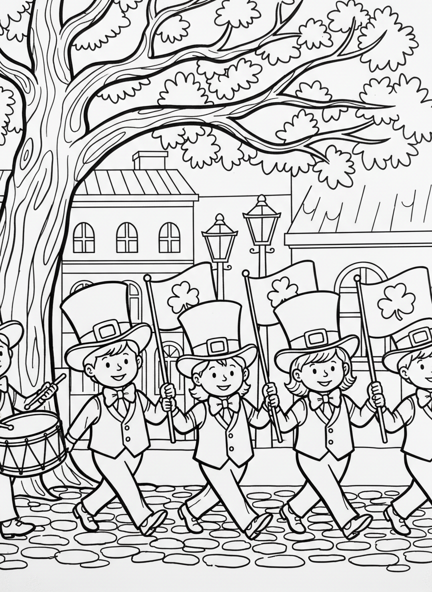 Children marching in the parade wearing green top hats, vests, and bow ties, carrying small Irish flags.