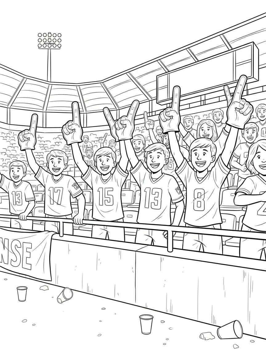Young fans wearing team jerseys and foam fingers, cheering excitedly from the stands with happy expressions and raised arms.