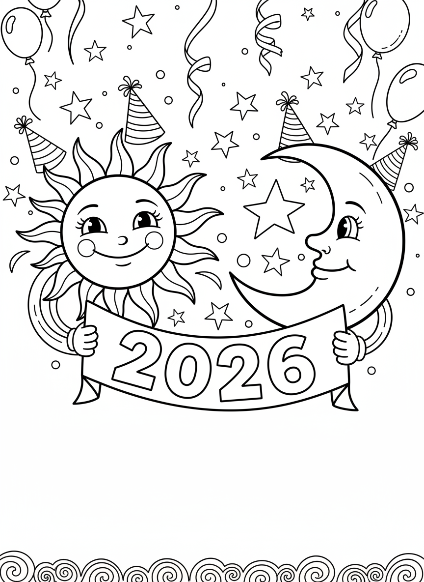 A smiling sun and moon together celebrating, holding a '2026' banner between them with stars and party decorations all around.