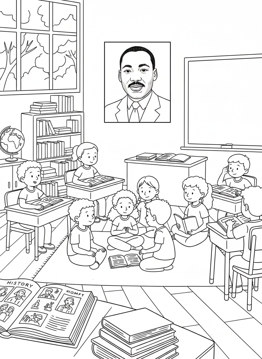 Classroom scene with diverse students learning about Martin Luther King Jr., his portrait on the wall with books open