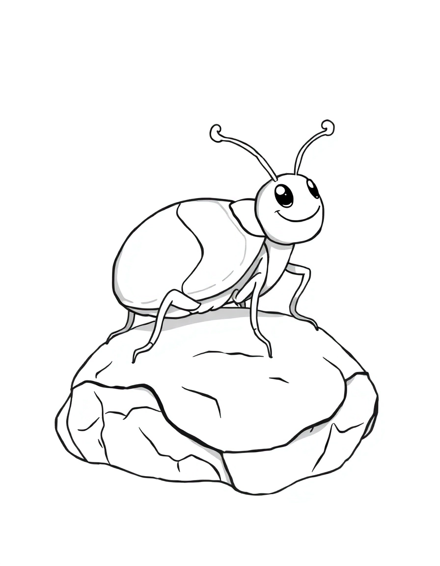 A happy beetle with a shiny shell and intricate antennae, standing on a textured rock.