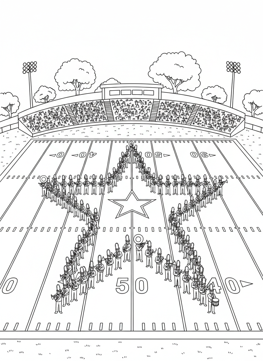 A marching band forming a star pattern on the football field, viewed from above, halftime show spectacular.