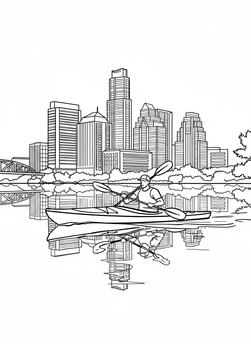 A kayaker paddling on Lady Bird Lake with the Austin skyline reflected in the water, simple waves and buildings
