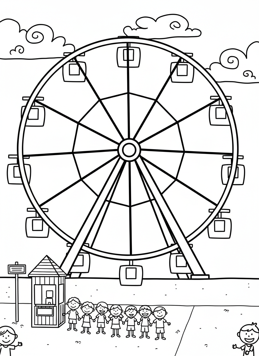 A ferris wheel towering against the sky with passenger cars, ticket booth, and excited children waiting in line.