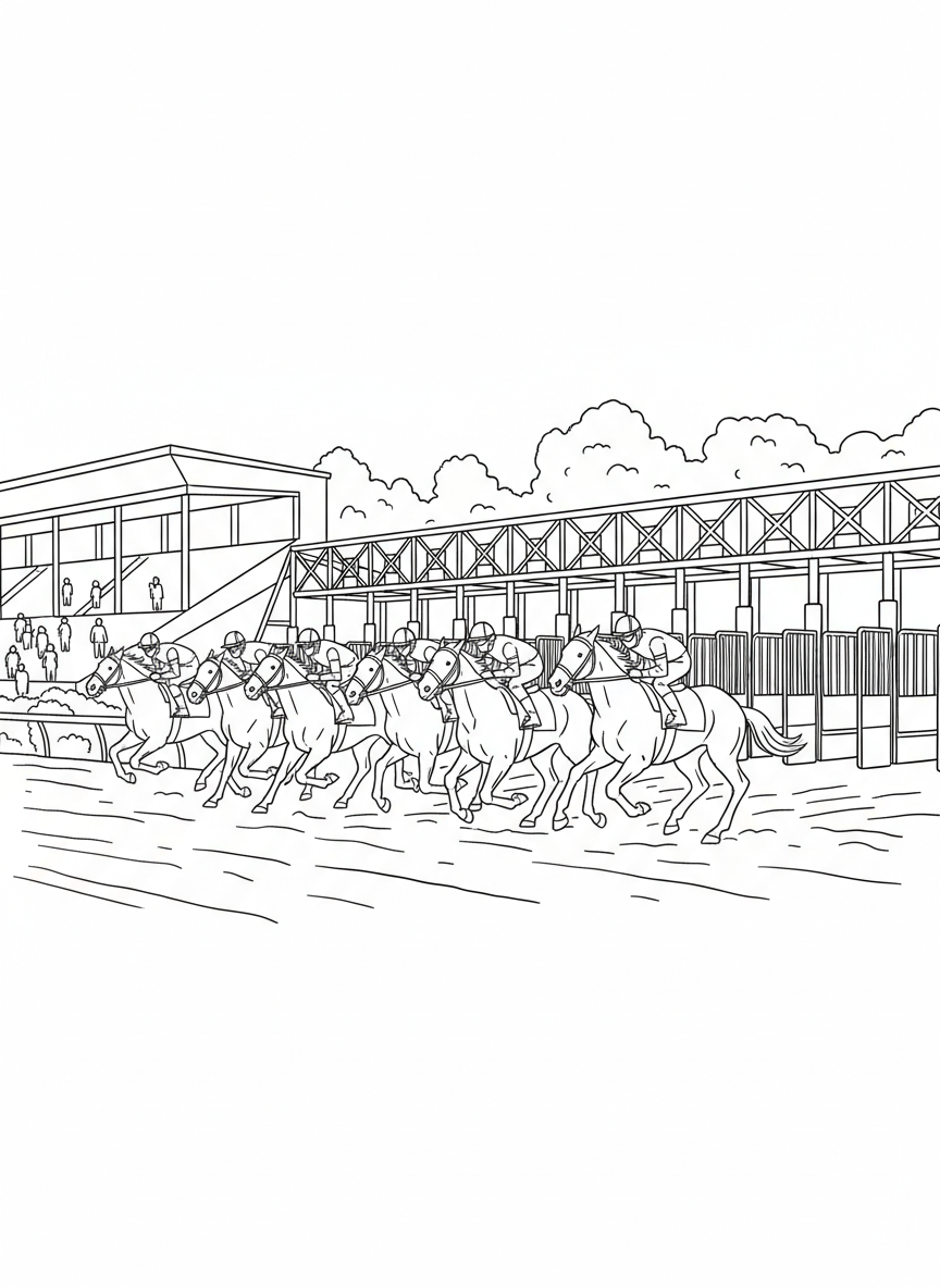 A wide scene of the racetrack with horses lined up at the starting gate, ready to begin the race.