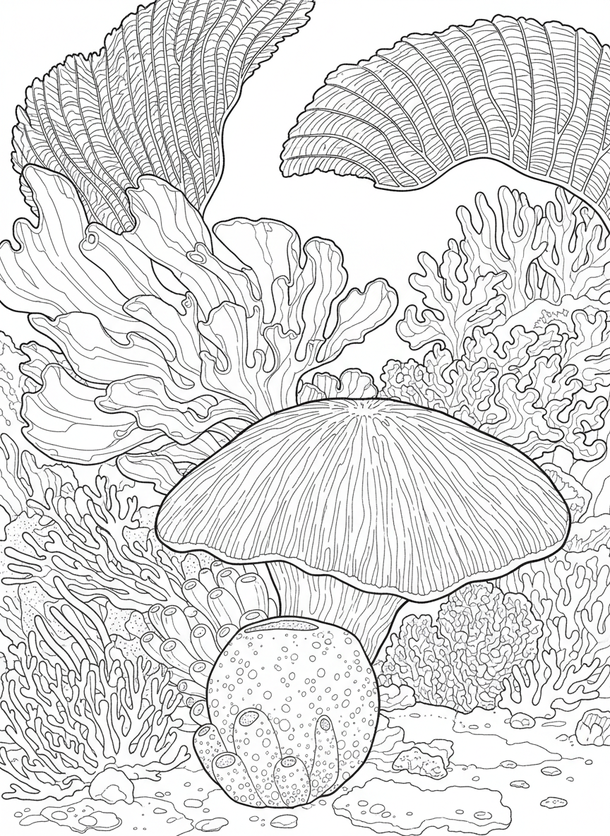 Soft coral reef scene with mushroom corals, leather corals, and waving sea fans, intricate patterns for older kids