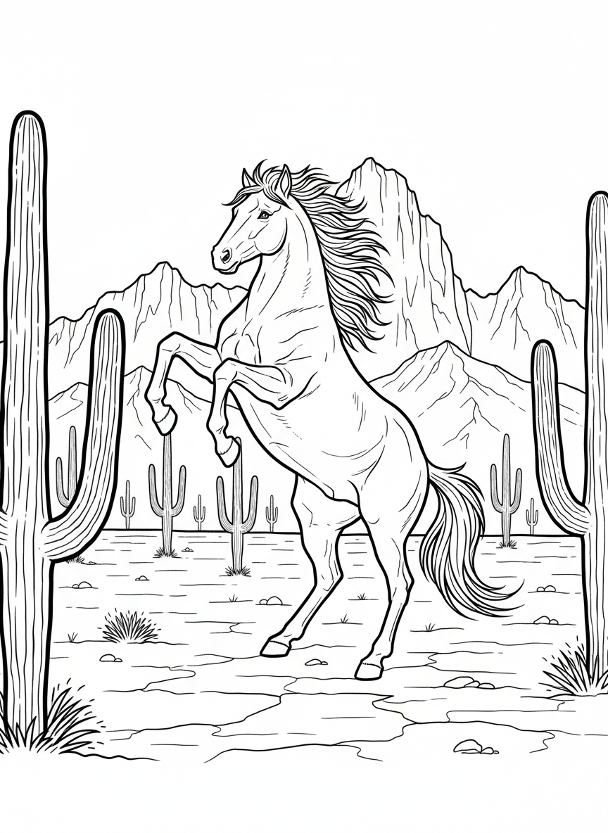 A wild mustang rearing up on its hind legs in an open desert landscape with cacti and mountains in the distance.