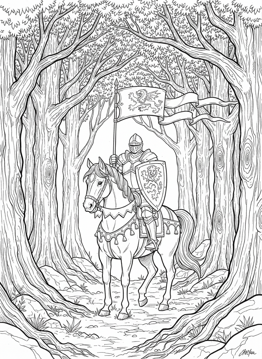A knight riding through a forest on horseback while carrying a shield and banner beneath tall ancient trees.