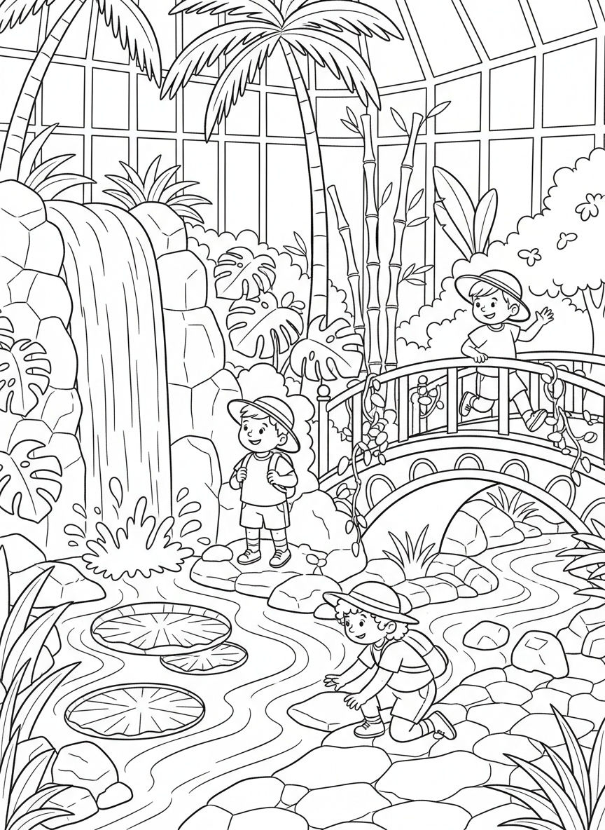 Children exploring the Myriad Gardens with a waterfall, bridge, and tropical plants, detailed nature scene for coloring.