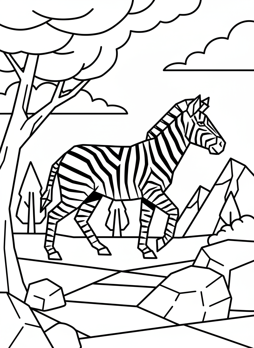 A geometric origami zebra with clean black and white striped patterns, shown in a walking pose with angular legs